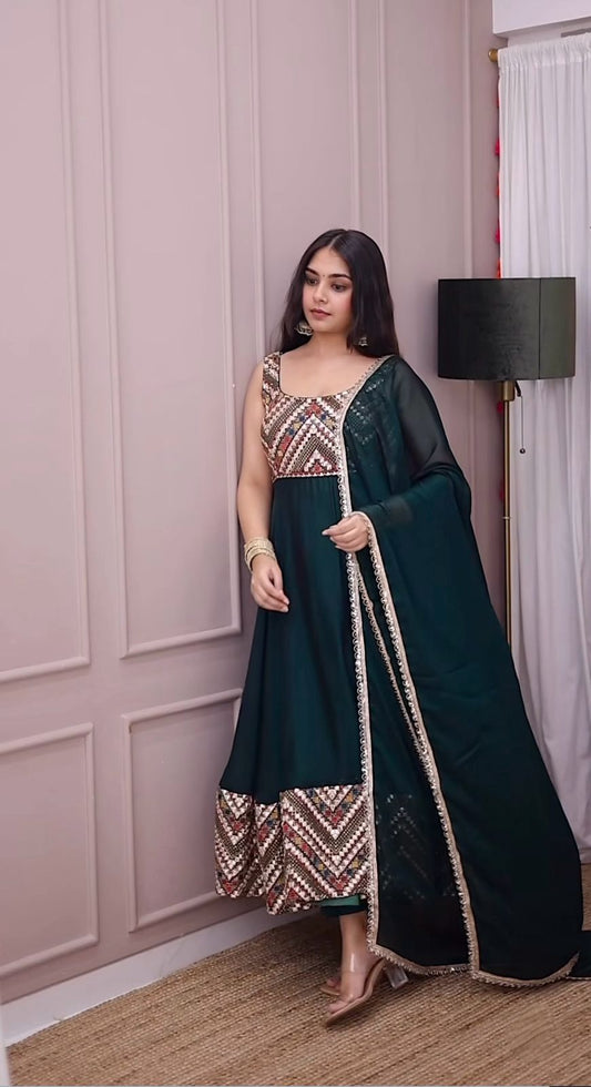 Stunning Sequence Work Green Color Gown