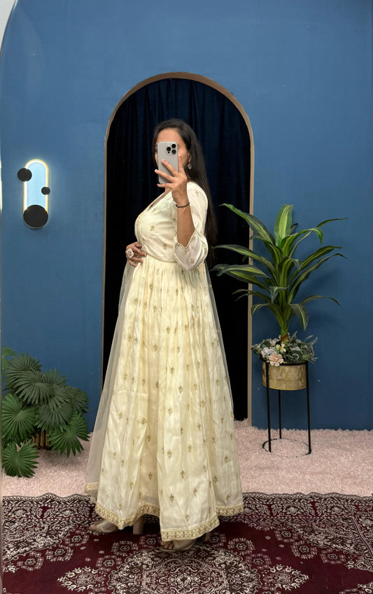 Blissful Embroidery Work Off White Color Gown