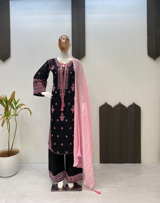 Stylish Black Color Roman Silk Embroidery Work Palazzo Suit