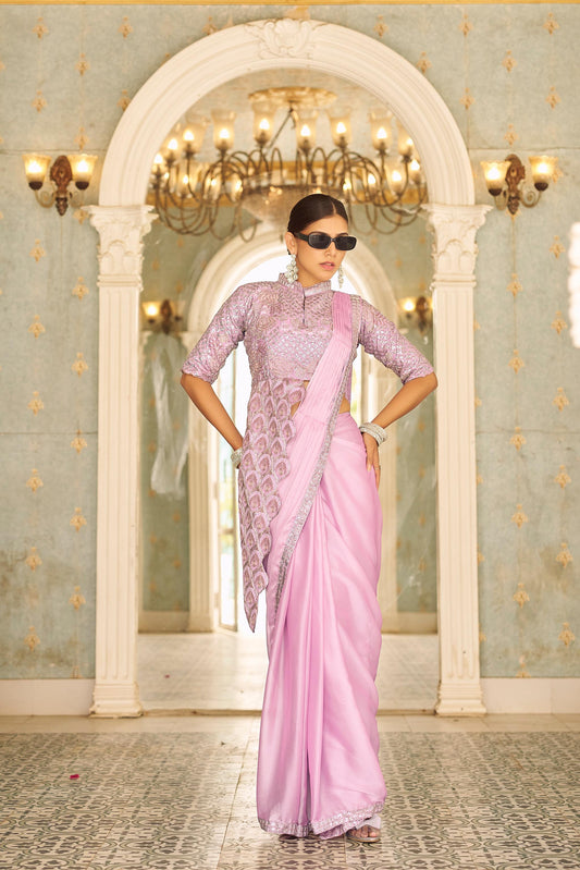 Glossy Embroidery Work Lavender Color Ready To Wear Saree