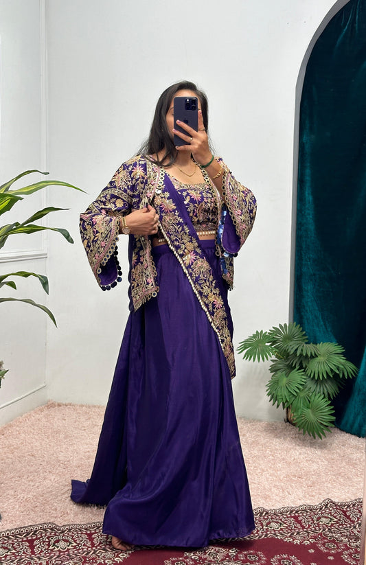Designer Embroidery Work Purple Color Ready To Wear Saree