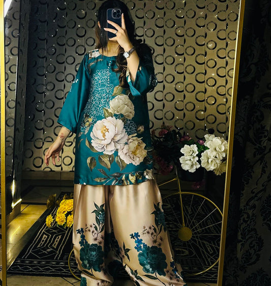 Flower Print Teal Blue Color Palazzo Suit