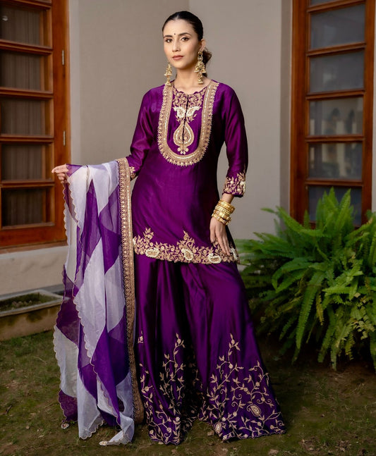Festive Wear Fully Stitched Purple Color Sharara Suit
