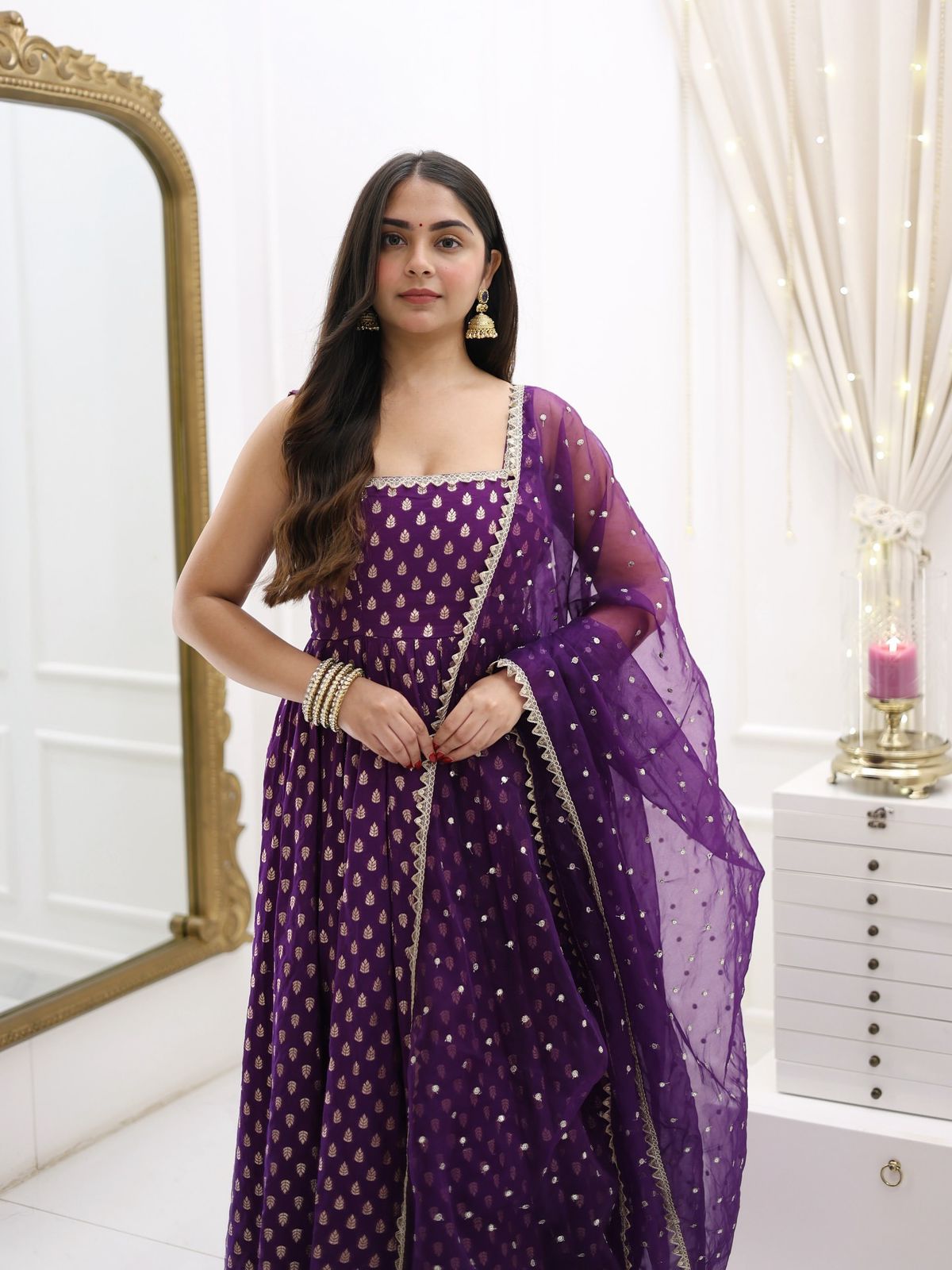 Designer Jacquard Silk Purple Color Gown With Dupatta