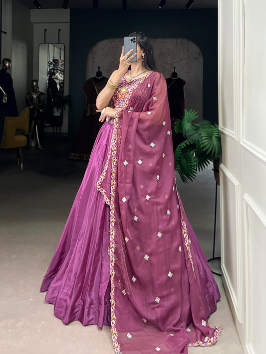 Thread Embroidered Onion Color Marriage Special Lehenga Choli