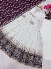 Preferable Georgette White Color Gown With Wine dupatta Preferable Georgette White Color Gown With Wine dupatta