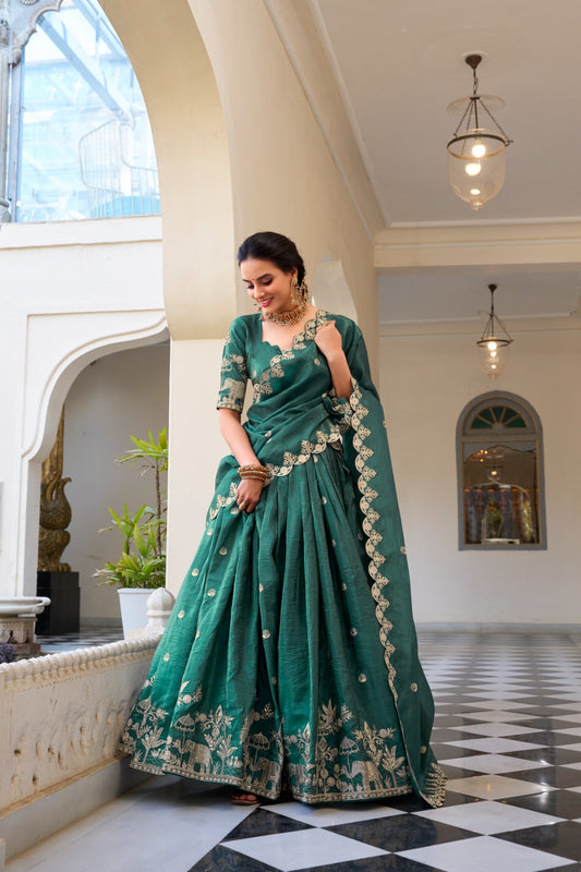 Designer Gold Crush Teal Green Color Lehenga