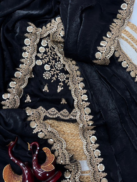 Beautiful Silk Embroidery Work Black Color Saree