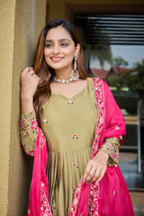 Rangoli Silk Mehndi Color Decent Gown With Pink Dupatta Rangoli Silk Mehndi Color Decent Gown With Pink Dupatta