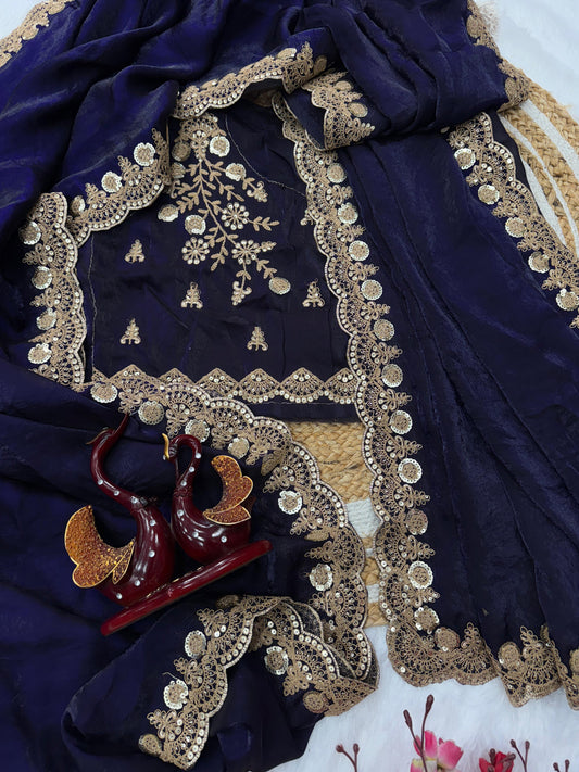 Beautiful Silk Embroidery Work Purple Color Saree