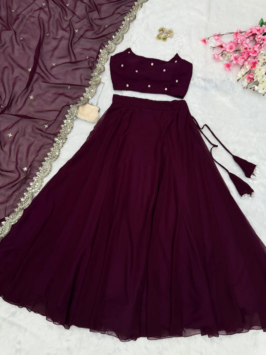 Wine Color Pearl Embellished Lehenga Set