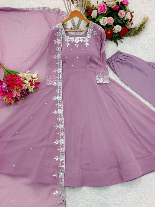 Glorious Sequence Work Lavender Color Anarkali Gown