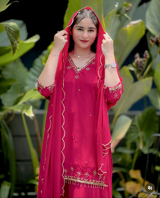 Captivating Pink Color Embroidered Sharara Suit