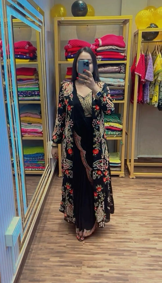 Designer Embroidery Work Black Color Ready To Wear Saree With Koti