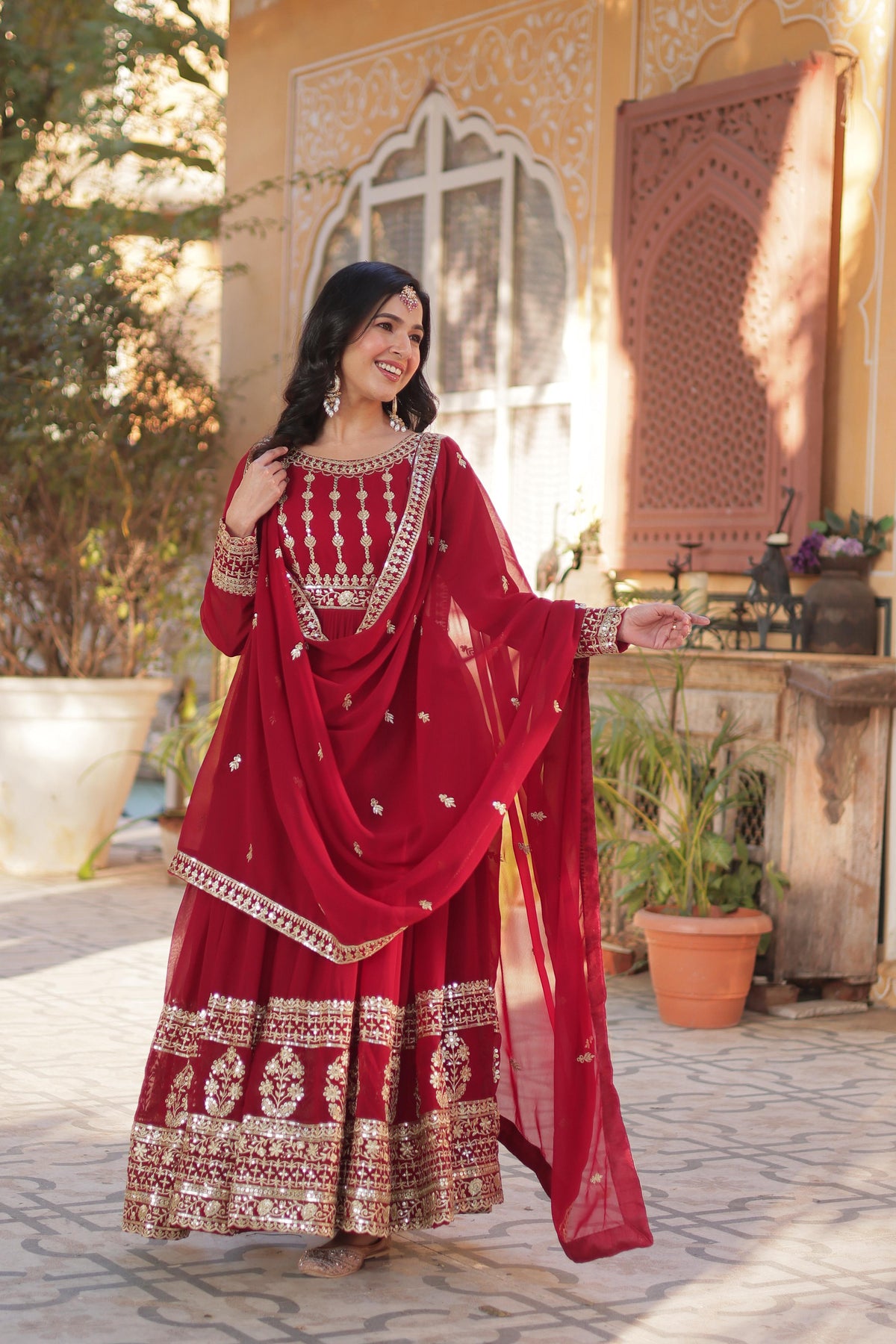 Attractive Embroidery Work Red Color Gown