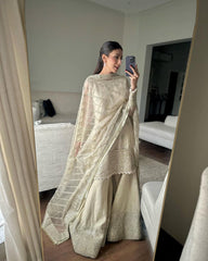 Glorious Chinon Embroidery Work Cream Color Sharara Suit Glorious Chinon Embroidery Work Cream Color Sharara Suit