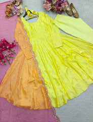 Designer Lemon Color Chinon Silk Work Gown Designer Lemon Color Chinon Silk Work Gown