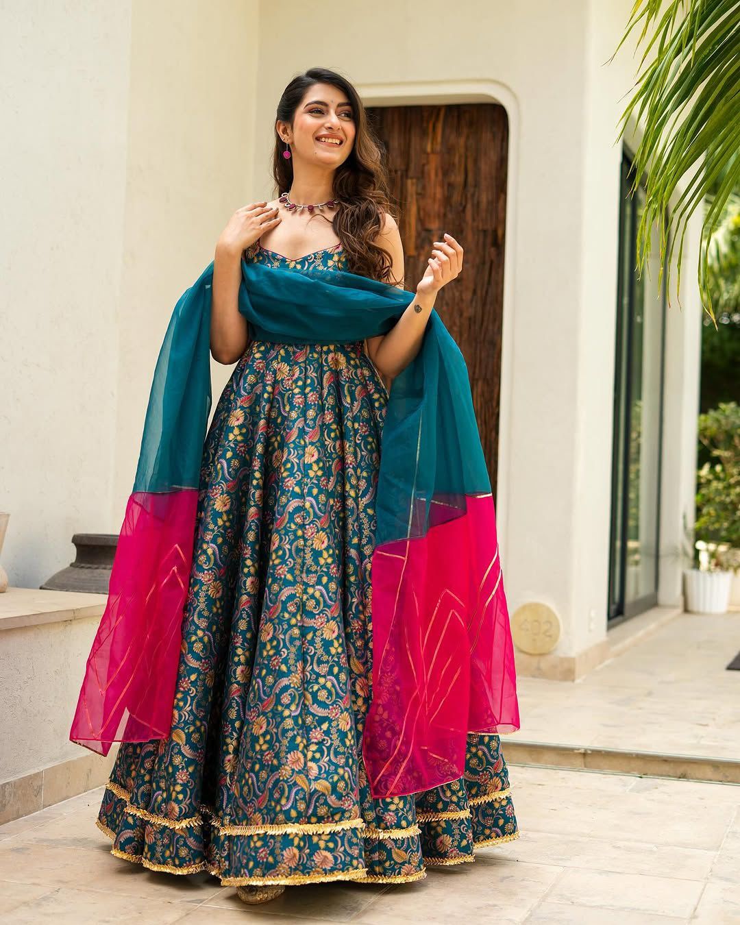 Lovely Teal Blue Organza Digital Printed Gown
