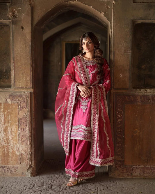 Gorgeous Heavy Pink Color Sharara Suit