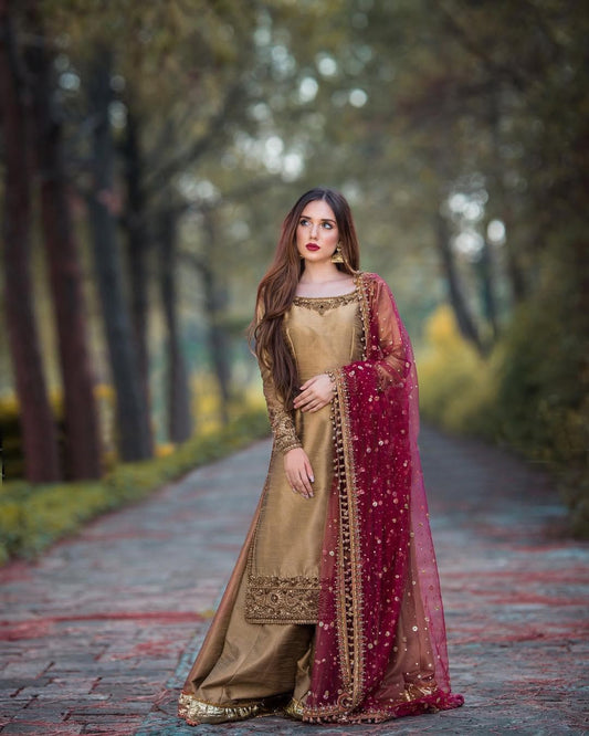 Awesome Sequence Work Beige Color Top Palazzo With Dupatta