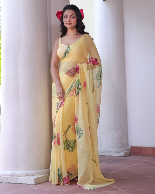 Designer Yellow Tabby Silk with Floral Print Saree