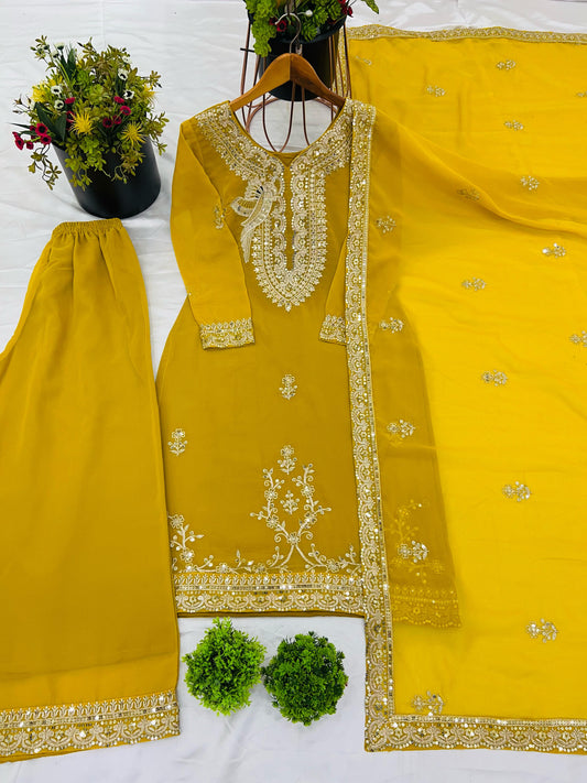 Attractive Sequence Work Yellow Color Palazzo Suit