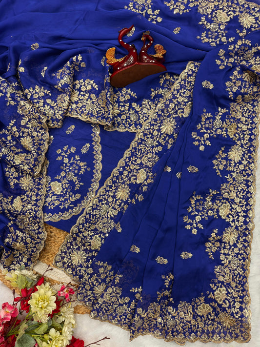 Designer Blue Color Sequence Work Silk Saree