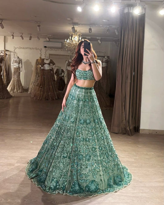 Green Color Embroidered Bridal Lehenga Choli Set