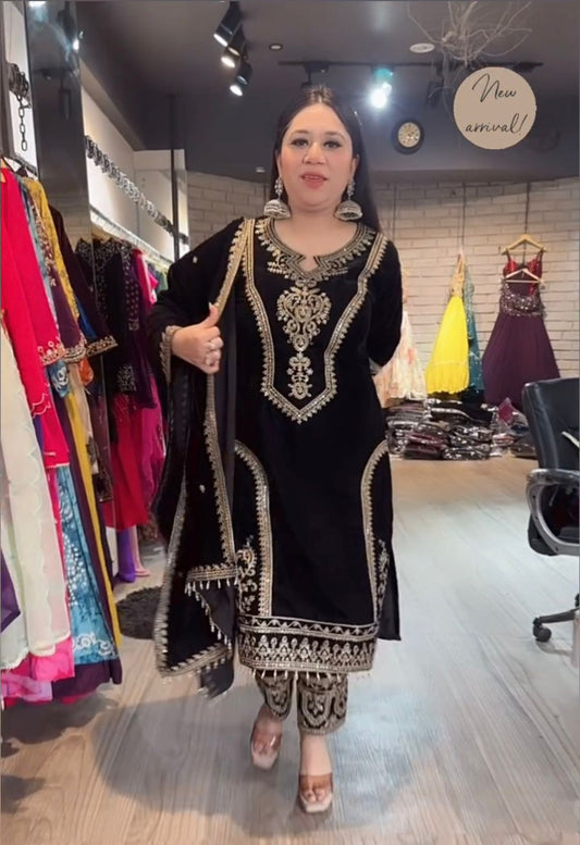 Delightful Black Color Velvet Salwar Suit