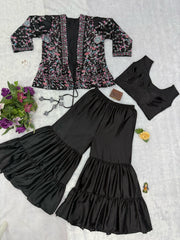 Function Wear Chinon Silk Black Color Sharara Suit Function Wear Chinon Silk Black Color Sharara Suit