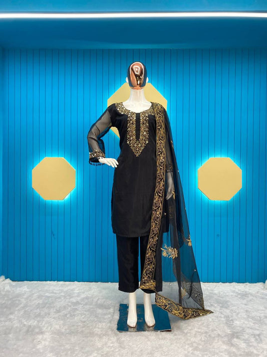 Organza Mirror Work Black Color Salwar Suit