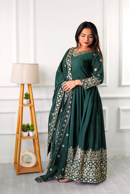 GoodLooking Chinon Silk Green Color Gown