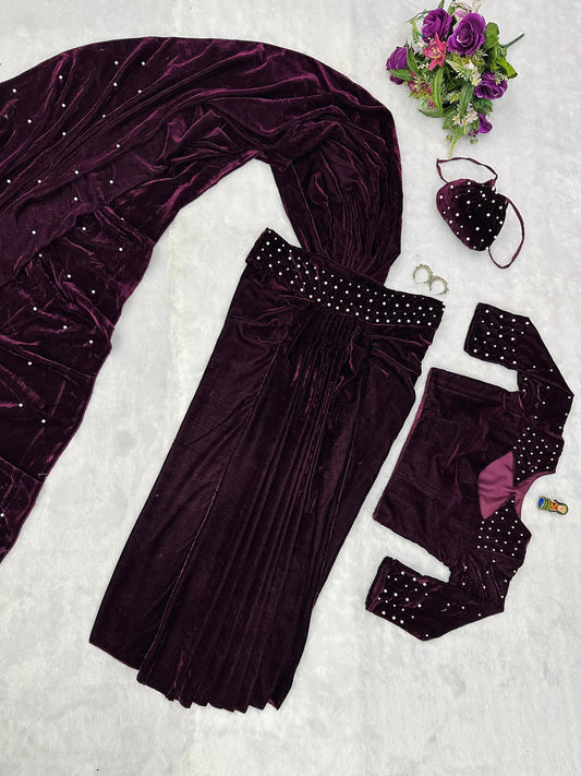 Superhit Wine Color Moti Work Lehenga Saree