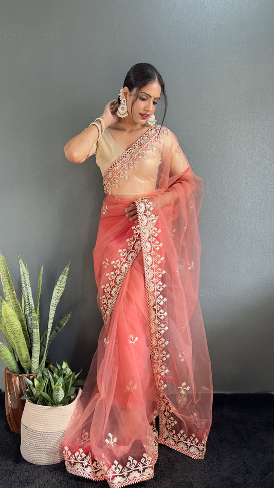 Outstanding Butterfly Net Pink Color Saree