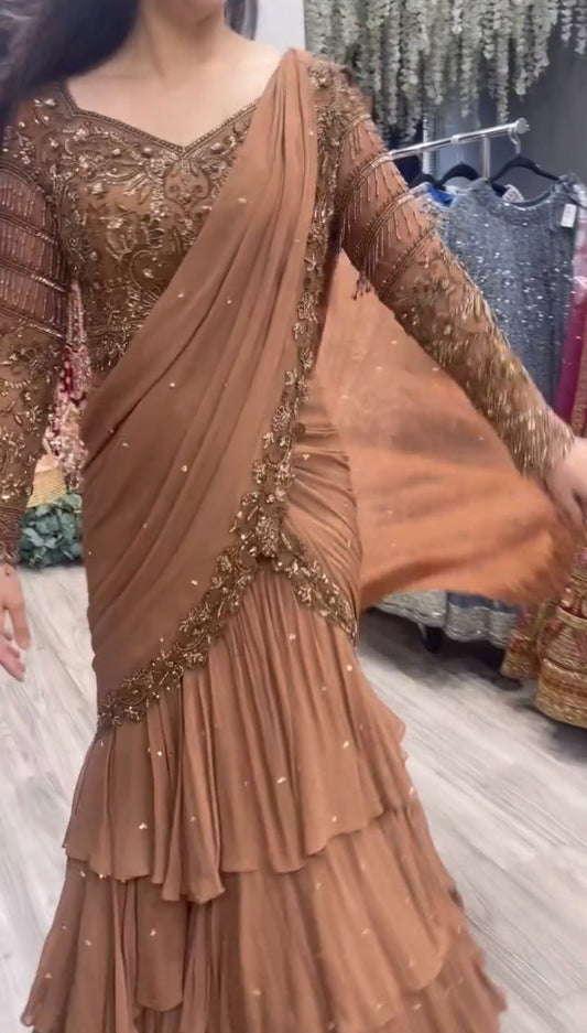 Party Wear Chiku Color Heavy Lehenga Saree