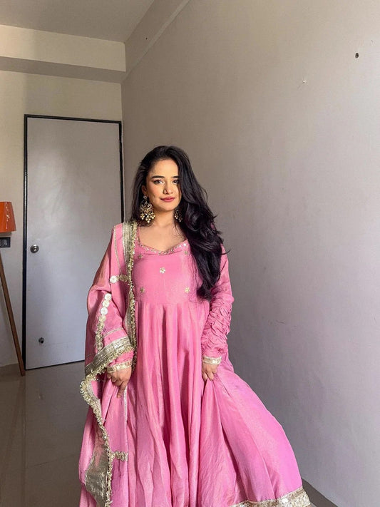 Occasion Wear Sequence Work Pink Color Anarkali Gown
