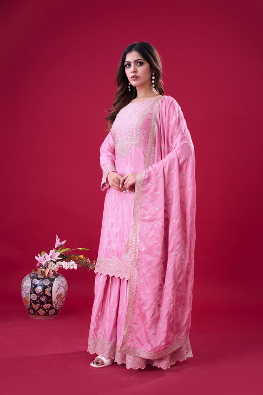 Delightful Chinon Silk Pink Color Sharara Suit