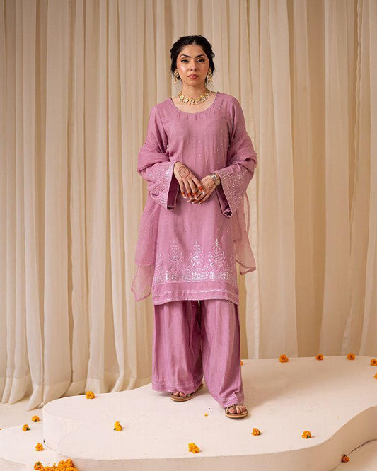 Ravishing Pink Georgette Sequence Work Palazzo Suit