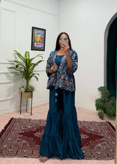 Function Wear Chinon Silk Teal Blue Color Sharara Suit Function Wear Chinon Silk Teal Blue Color Sharara Suit