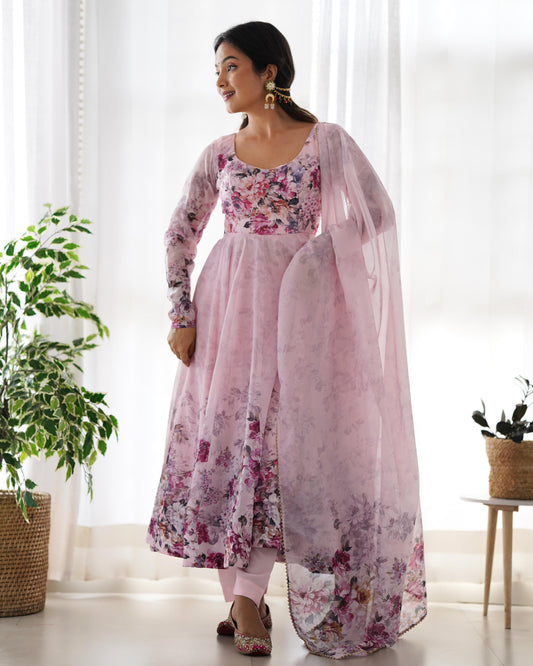 Good Looking Multi Flower Printed Pink Color Anarkali Suit
