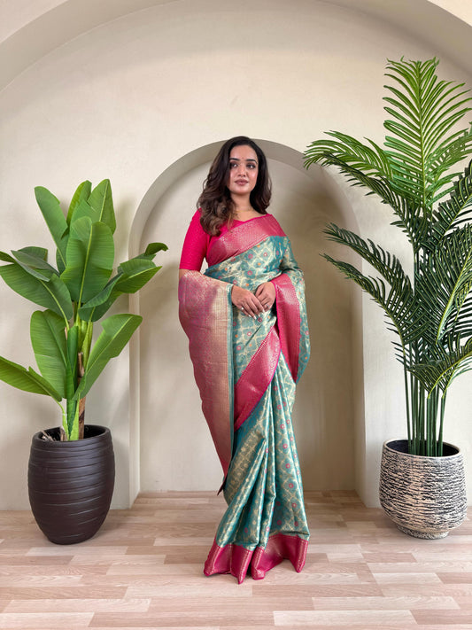 Wedding Wear Silk Zari Weaving Sky Blue Color Saree