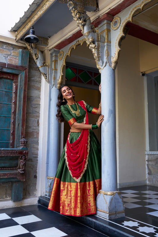 Wonderful Zari Weaving Work Green & Red Color Lehenga Choli