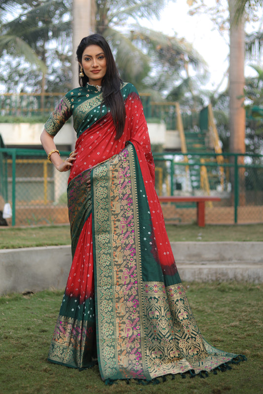 Wonderful Bandhani Green With Red Kanjivaram Silk Saree