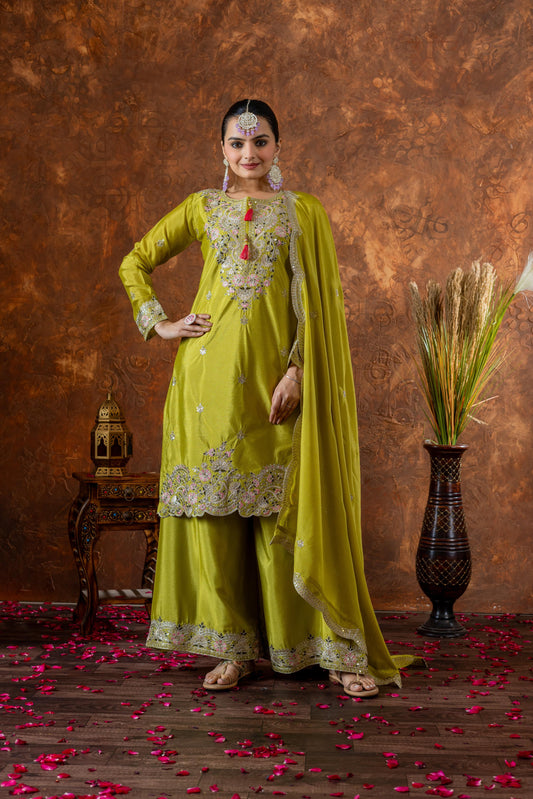 Stunning Chinon Silk Perrot Color Color Palazzo Suit