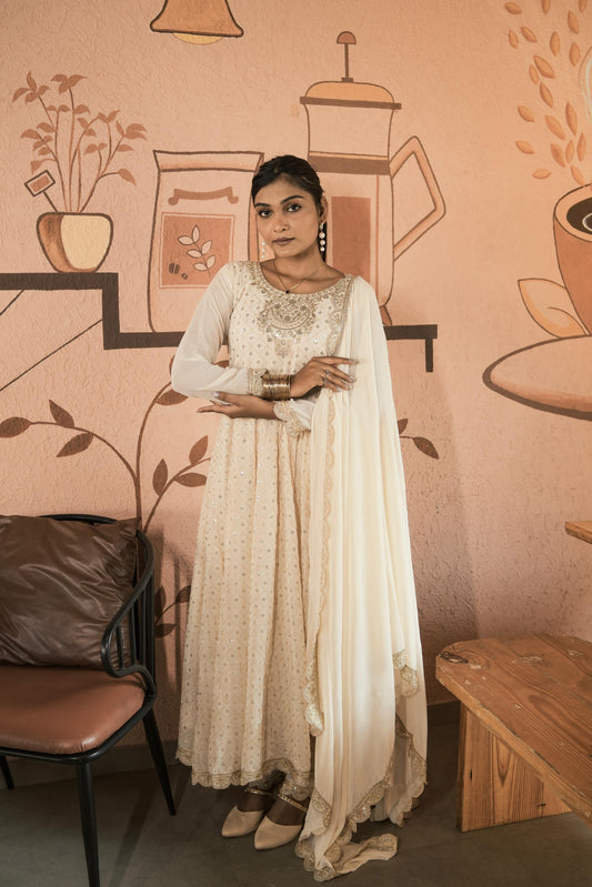 Gorgeous White Georgette Embroidery Work Gown