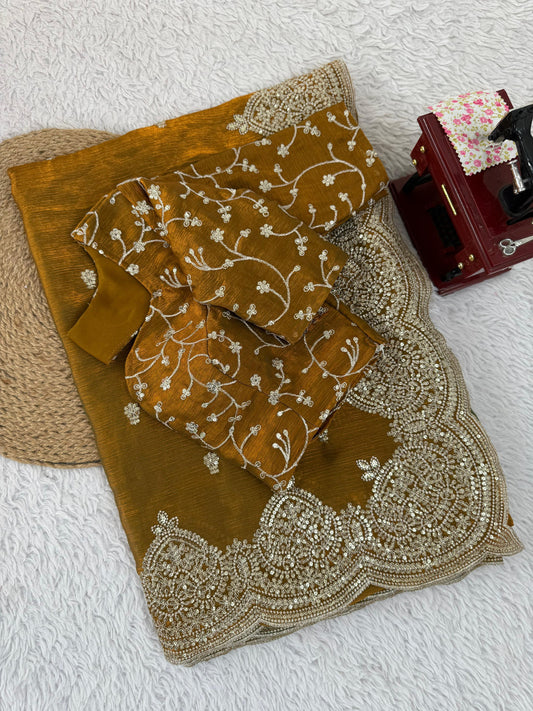 Glorious Gold Chiffon Thread Work Saree