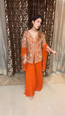 Occasion Wear Chinon Embroidery Work Orange Color Sharara Suit Occasion Wear Chinon Embroidery Work Orange Color Sharara Suit