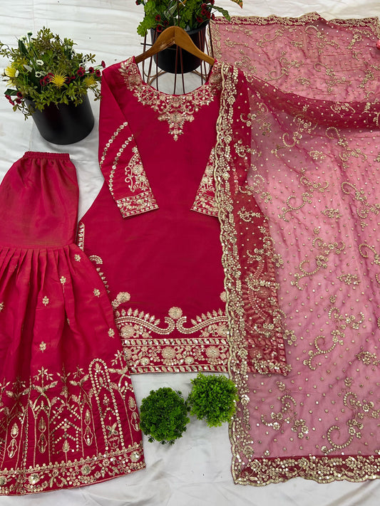 Occasion Wear Simmer Silk Pink Color Sharara Suit