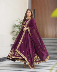 Glimmering  Embroidery Work Long Wine Color Gown Glimmering  Embroidery Work Long Wine Color Gown