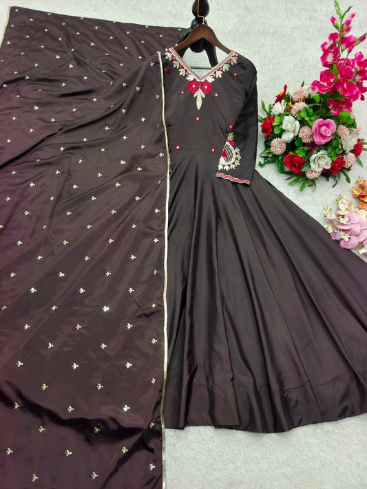 Gorgeous Brown Satin Silk Sequence Work Gown